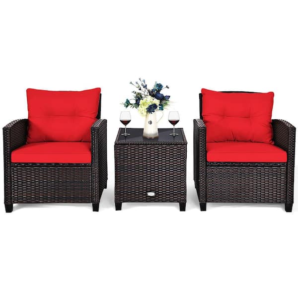 Mix Brown 3-Piece Rattan Wicker Patio Conversation Set Sofa Coffee Table with Red Cushions