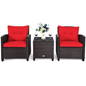 Mix Brown 3-Piece Rattan Wicker Patio Conversation Set Sofa Coffee Table with Red Cushions
