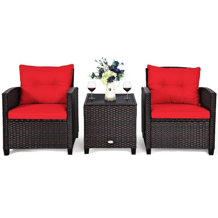 Costway Mix Brown 3-Piece Rattan Wicker Patio Conversation Set Sofa Coffee Table with Red Cushions