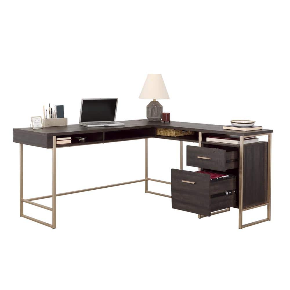 Blade Walnut L-Shaped Wood Corner Desk with Filing Cabinet