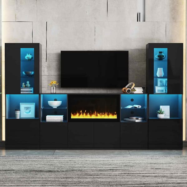 Black TV Stand Fits TV's up to 75 in. with LED Lights, Media Console with Tempered Glass Shelves
