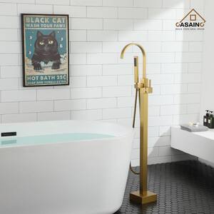 Single-Handle Floor Mounted Bathtub Faucet High Flow Bathroom Tub Filler with Hand Shower in Brushed Brass