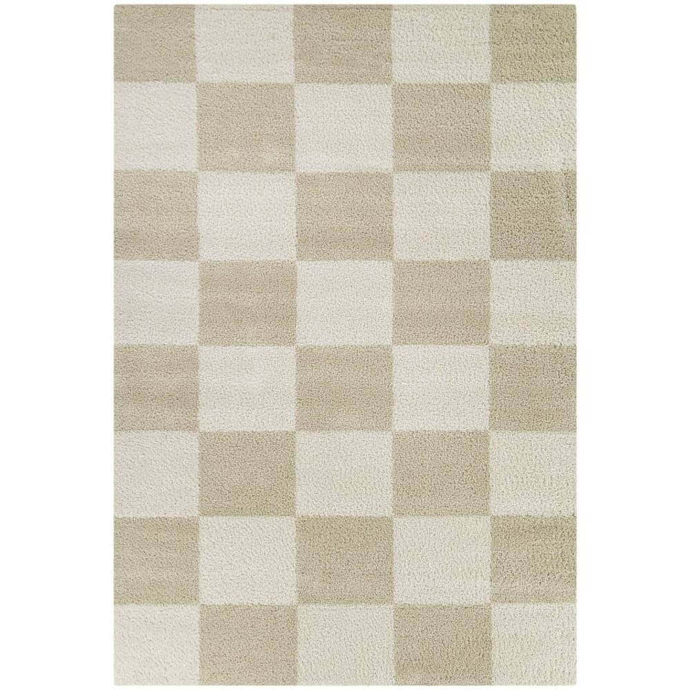 Reinhart Beige Checkered Rectangular Stain-Resistant Synthetic Area Rug