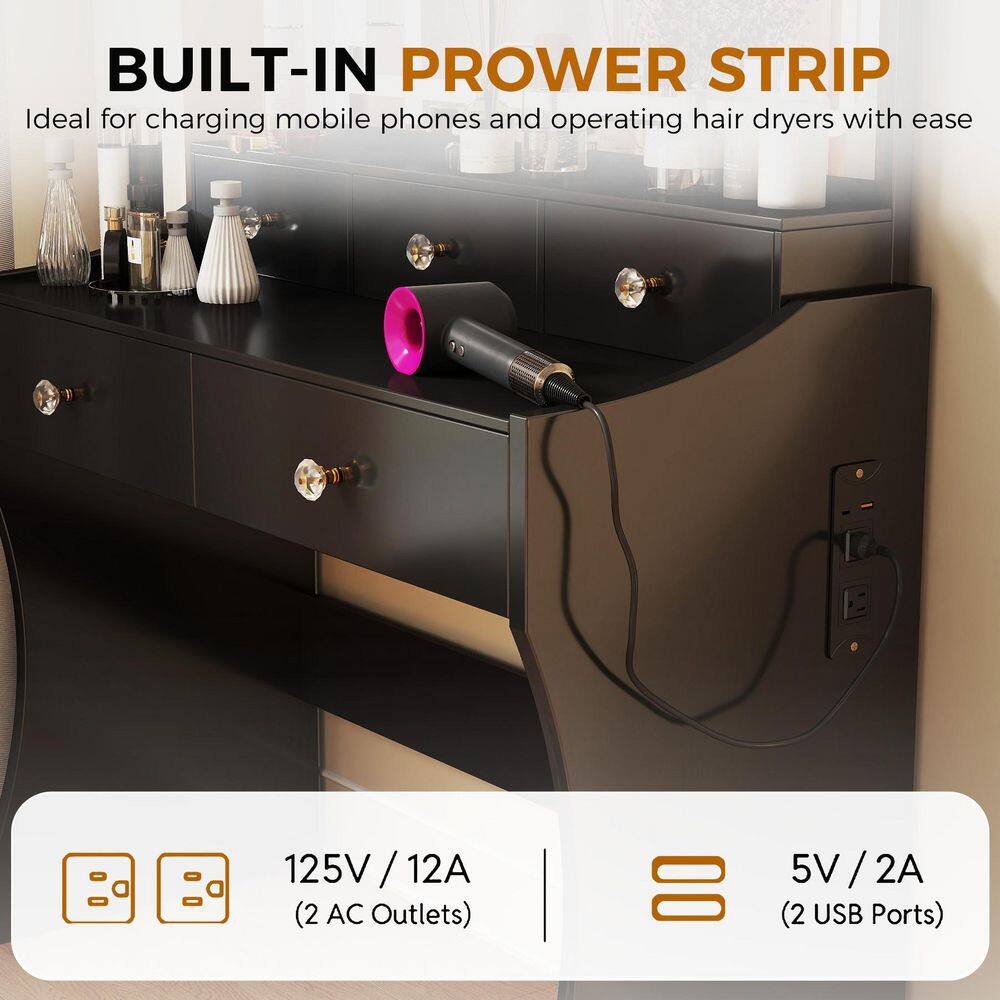 Makeup Vanity Desk with 3-Color Modes Adjustable Lights Vanity Table and Chair Set with Charging Station, White - thumbnail 6