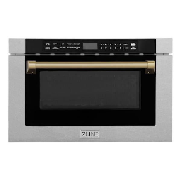 Autograph Edition 24 in. Microwave Drawer with Traditional Handle in Satin Stainless Steel and Champagne Bronze Accents
