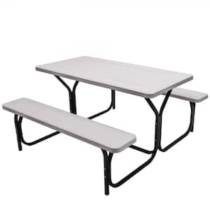54 in. White Rectangle HDPE Outdoor Picnic Table Bench Set with Metal Base