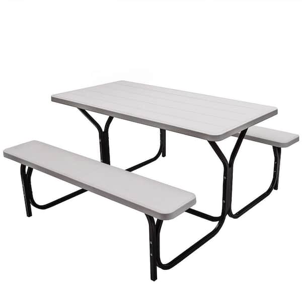 FORCLOVER 54 in. White Rectangle HDPE Outdoor Picnic Table Bench Set with Metal Base