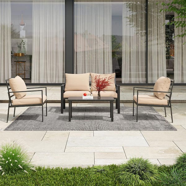 Outdoor Metal Patio Conversation Set with 2 Single Sofas, Loveseat and Coffee Table with Beige Cushions
