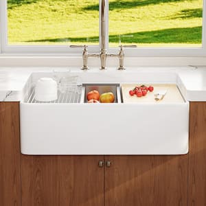 Derbyshire 33 in. Ceramic Single Bowl Farmhouse Apron Workstation Kitchen Sink with Accessories in White