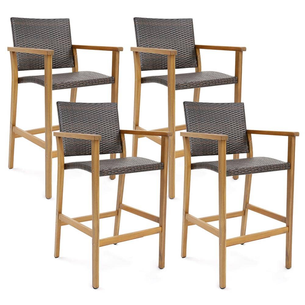 Gymax Patio Rattan Wood Outdoor Bar Stool Set of 4 Outdoor PE Wicker ...