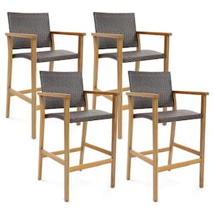 Patio Rattan Wood Outdoor Bar Stool Set of 4 Outdoor PE Wicker Bar Chairs with Armrests and Sturdy Footrests