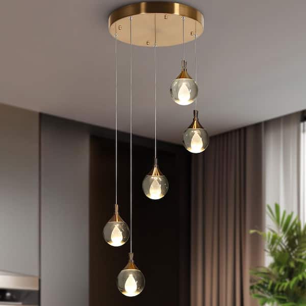 Dsenlupor 5-Light Integrated LED Brass Island Chandelier with Crystal Balls for Staircase, Foyer, Living Room