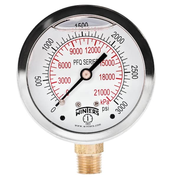 Winters Instruments PFQ Series 2.5 in. Stainless Steel Liquid Filled Case Pressure Gauge with 1/4 in. NPT LM and Range of 0-3000 psi/kPa