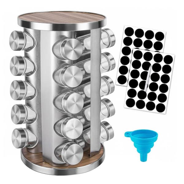 20-Shelf Stainless Steel Rotating Countertop Spice Rack Organizer with Jars for Kitchen Cabinet Seasoning
