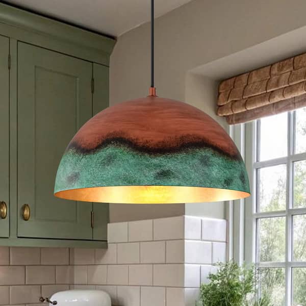 HUOKU PCover 1-Light 15 in.W Green and Red Modern Farmhouse Industrial Metal Dome Pendant Light for Kitchen