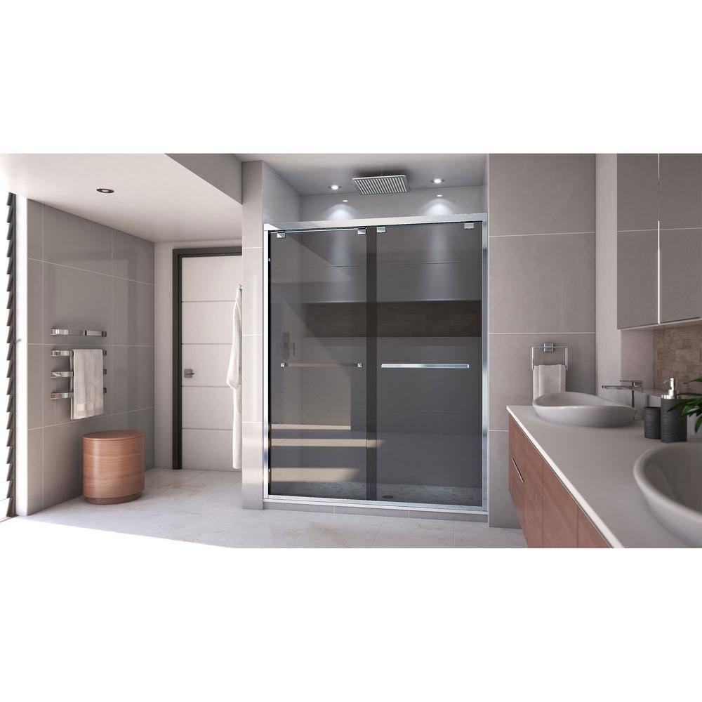 Encore Chrome Semi-Frameless Sliding Shower Door with Smoke Gray Glass