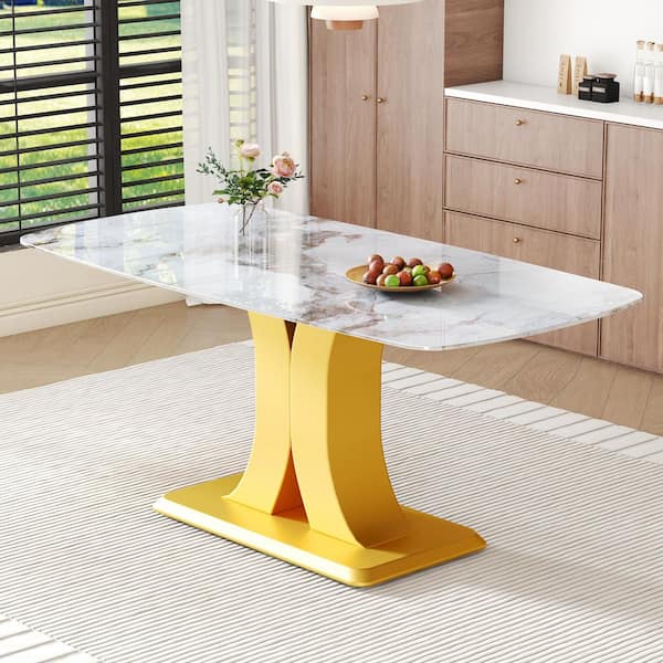 White/Gold 71.00 in. W Glass Top Dining Table with Pedestal Base Seats 4