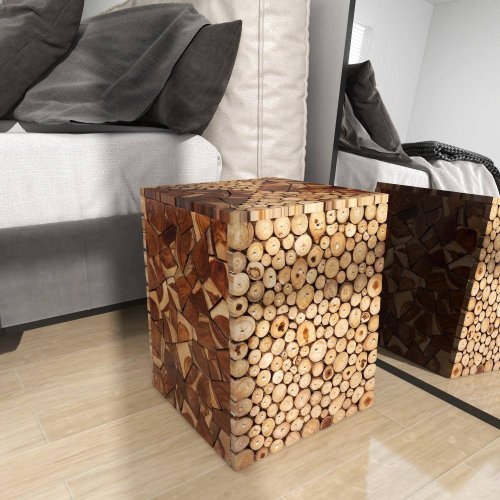 Handcrafted 14" Brown Teak Wood Mosaic Accent Table