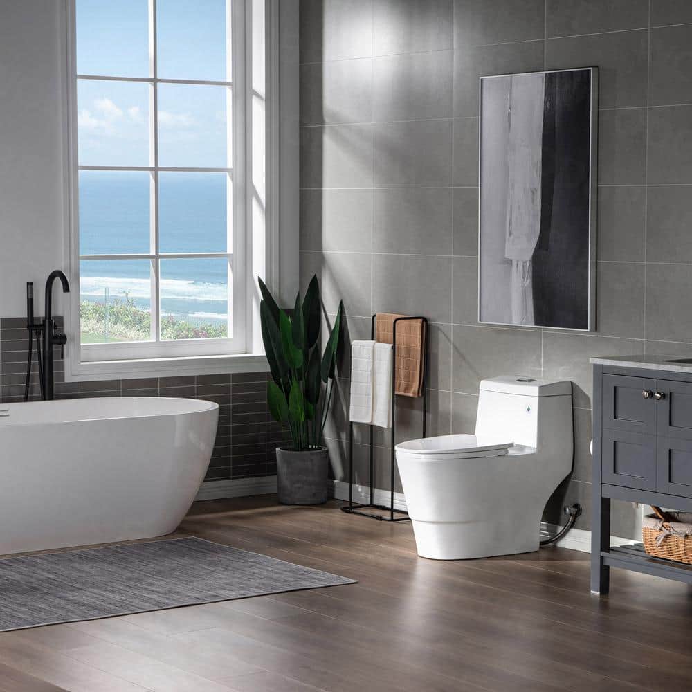 White Elongated One-Piece Dual Flush Toilet with Chrome Button