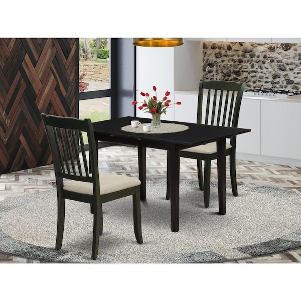 East West Furniture 3-Piece Black Finish Rectangular Solid Wood Top With Butterfly Leaf Dining Table Set