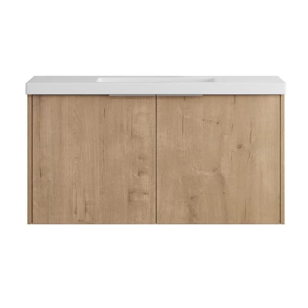 35.4 in. W x 18.1 in. D x 19.3 in. H Wall-Mounted Bath Vanity in Light Brown with White Resin Vanity Top