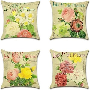 18 in.x 18 in. Outdoor Decorative Throw Pillow Covers, Vintage Pink Flower Pattern Waterproof Cushion Covers (Set of 4)