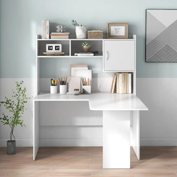 49.5 in. L-Shaped Desk w/ Open Storage Hutch Corner Computer Desk w/ Shelves and Cabinet
