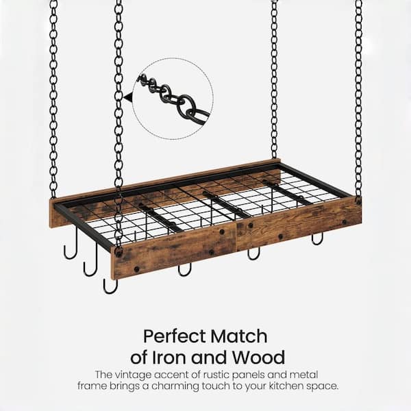 24 in. Metal Hanging Pot Rack with 12 S-Shaped Hooks for Kitchen Cookware Storage, Rustic Brown and Black