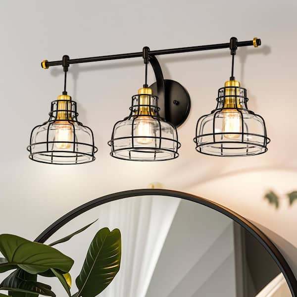 Paris 3-Light Industrial Black and Gold Bathroom Vanity Light Fixture with Clear Glass Shades and Black Cage