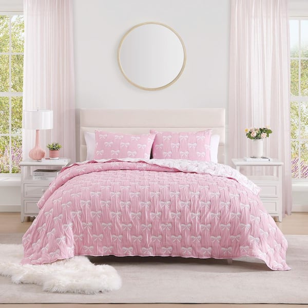 Ballet Bows Pink 2-Piece All-Season Soft Woven Matelasse Jacquard Reversible Cotton Blend Quilt Set-Twin