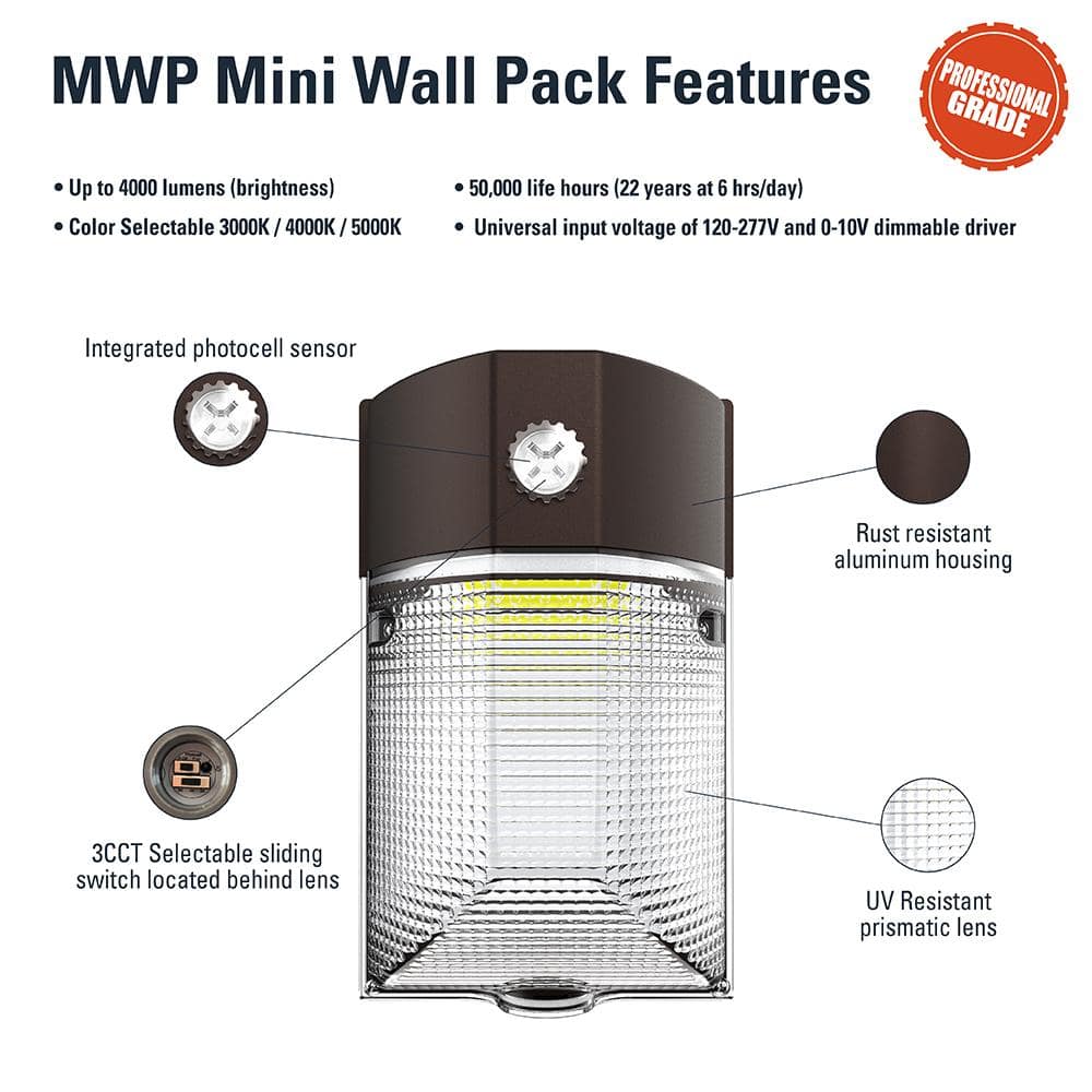 Bronze LED Dimmable Mini Wall Pack with Dusk to Dawn Sensor