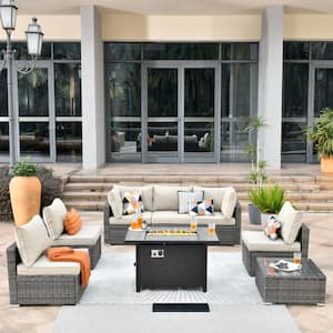 Sanibel Gray 8-Piece Wicker Patio Conversation Sofa Sectional Set with a Metal Fire Pit and Beige Cushions