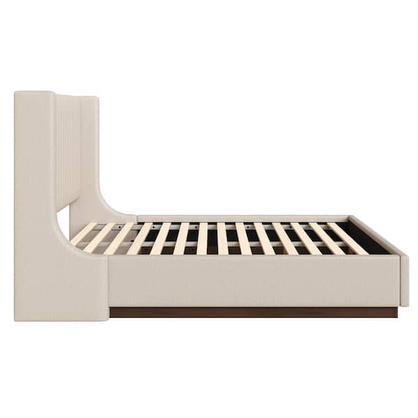 Buzio Dark Beige Solid Wood Frame Queen Size Upholstered Platform Bed with Wood Base