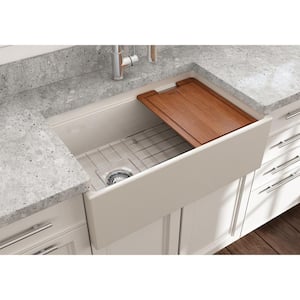 Step-Rim Biscuit Fireclay 30 in. Single Bowl Farmhouse Apron Front Workstation Kitchen Sink w/ Accessories