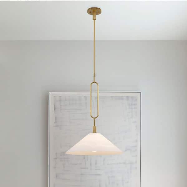 Lumidrop 18 in. 1-Light Gold Hanging Pendant Light Fixture with White Opal Glass Shade