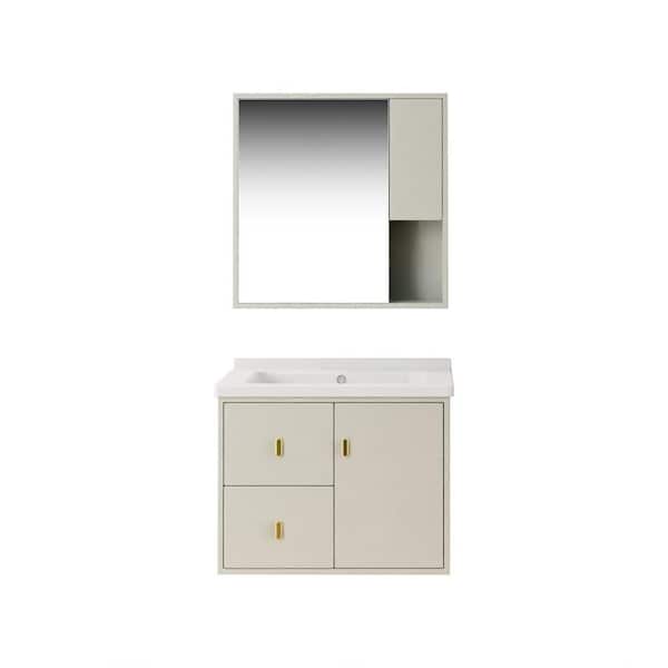 Mediterraneo Vicenza 24in W x 18in D x 19.7in H Single Sink Bath PVC Vanity in Cream with white ceramic top and Mirror Cabinet
