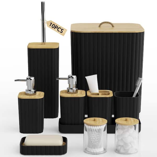 10-Piece Bathroom Accessory Set with Toilet Brush Trash Can Soap Dispenser in Black for Vanity Countertop Restroom Home