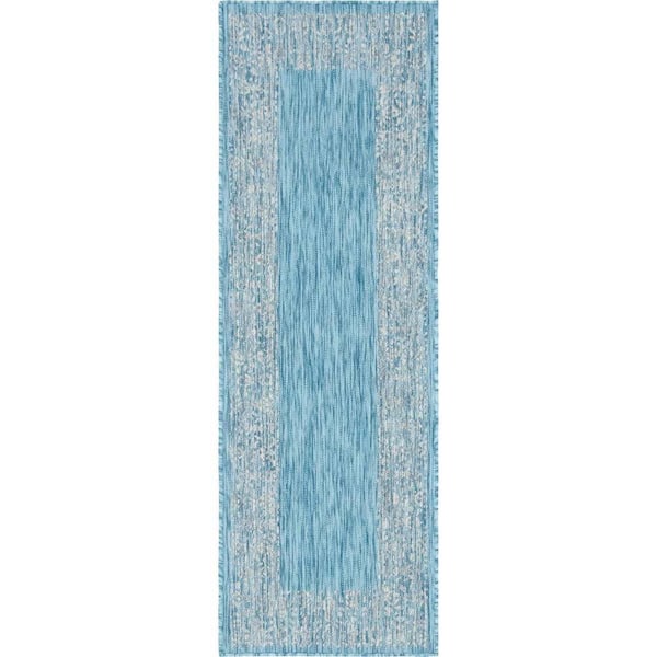 Unique Loom Outdoor Floral Border Aqua Blue 2 ft. x 6 ft. Runner Rug