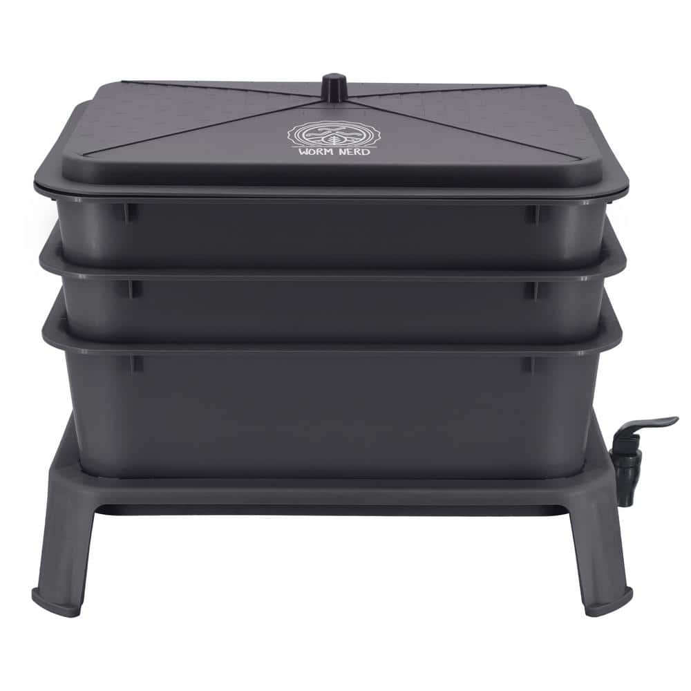 Large Black 4-Tray Plastic Worm Composting Bin with Coco Coir Brick