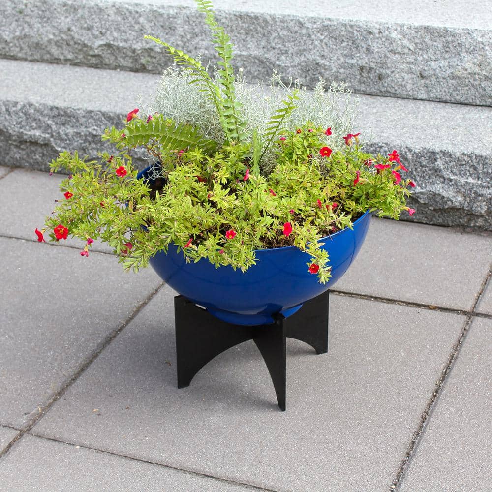 Norma 16'' French Blue Galvanized Steel Planter with Black Stand
