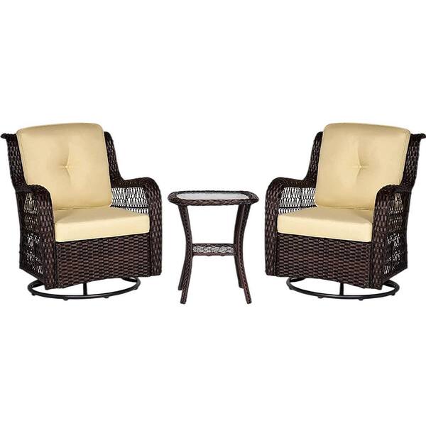 SUNRINX 3-Piece Wicker Outdoor Rocking Chair bistro Set with 2 Swivel Chairs in Beige Cushions