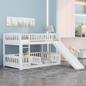 White Twin over Twin Wooden Low Bunk Bed with Fence, Slide, and Ladder