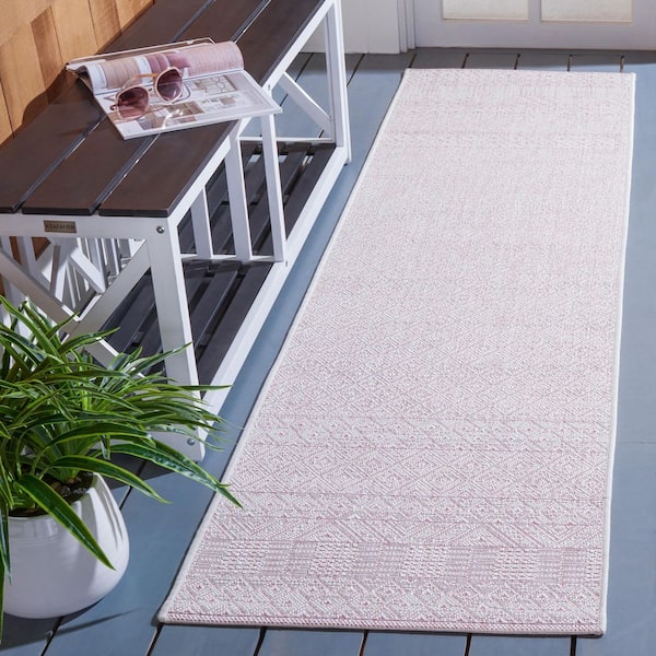 Courtyard 2 ft. x 7 ft. Ivory/Soft Pink Geometric Indoor/Outdoor Runner Rug