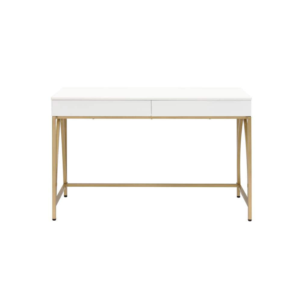 Acme Furniture Lightmane White High Gloss and Gold Rectangle Vanity Desk with Drawers 50 in. L x 30 in. W x 31 in. H, White High Gloss & Gold