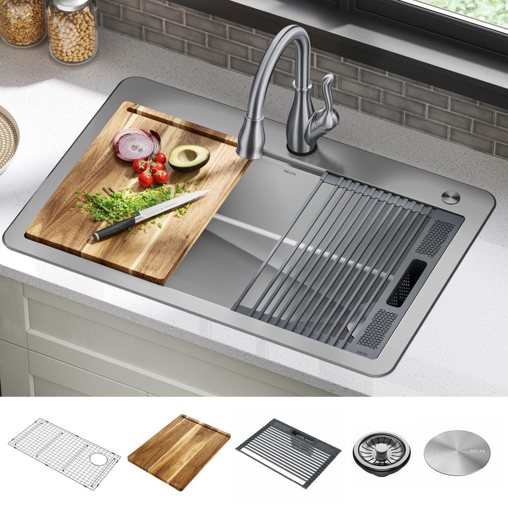 Delta Lorelai 25 Gauge Stainless Steel 25in. Single Bowl Drop in  Workstation Kitchen Sink with Accessories 25A25 25S SS