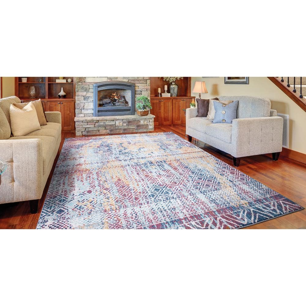 Vintage Multi-Color Geometric Synthetic Area Rug 5' x 7'