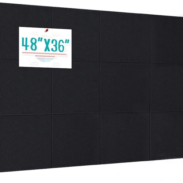 12-Pack Felt Corkboard Tiles 48x36" Large Bulletin Board Alternative with 80 Pushpins, Black Wall Notice Boards