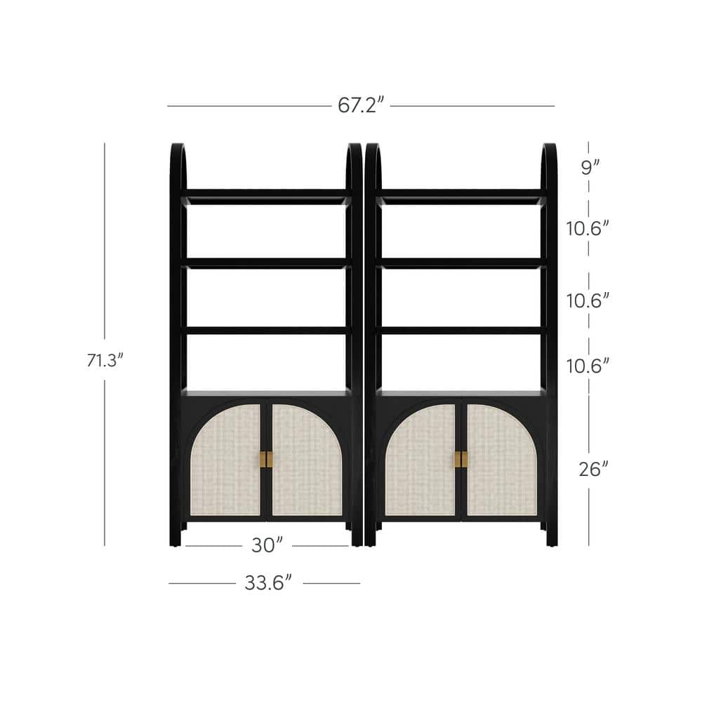 Black Oak 3-Shelf Bookshelf Cabinet with Faux Rattan Doors