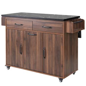 20.55 in. W x 51.06 in. L x 35.04 in. H Brown Wood Outdoor Kitchen Cabinet on Wheels with Adjustable Shelf and Drop Leaf