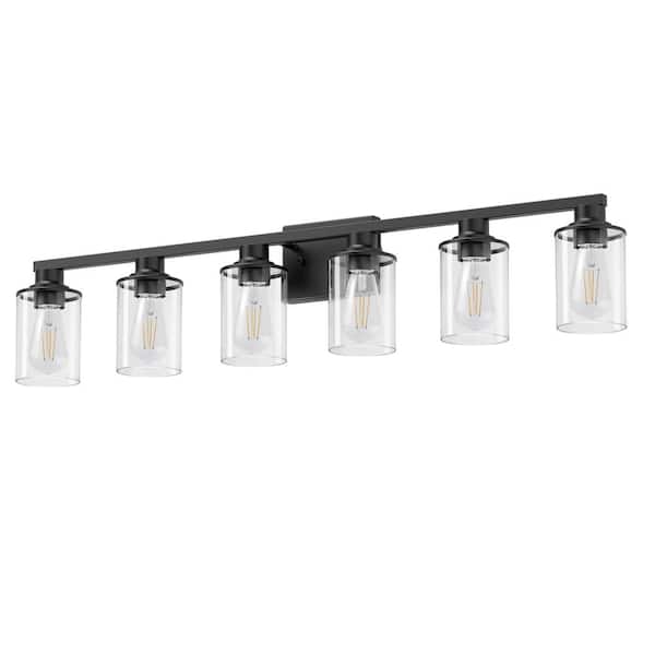 40 in. 6-Light Black Cylinder Clear Glass Vanity Light with Dimmable No Bulbs Included